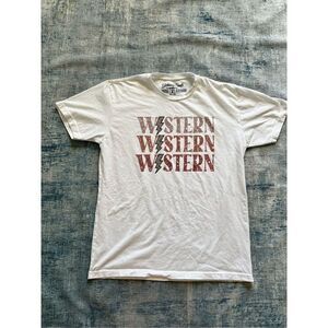 Glittering South White Tan Leopard Print Lightning Bolt Western Tee Large